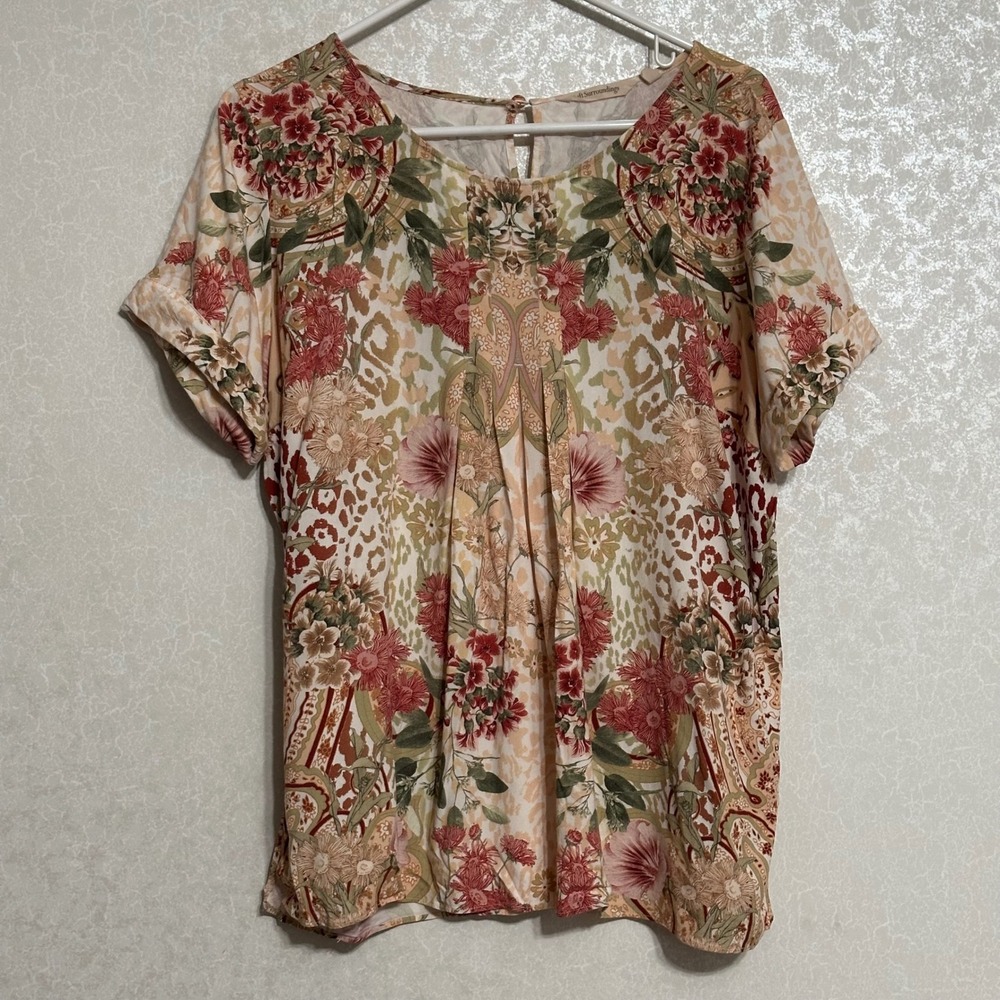 Soft Surroundings Cusabo Top Pleated Leopard Floral Print Blouse Cuffed Sleeve L
